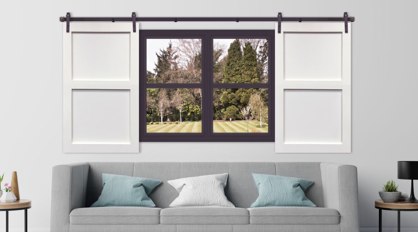 White barn door shutter in modern Salt Lake City living room